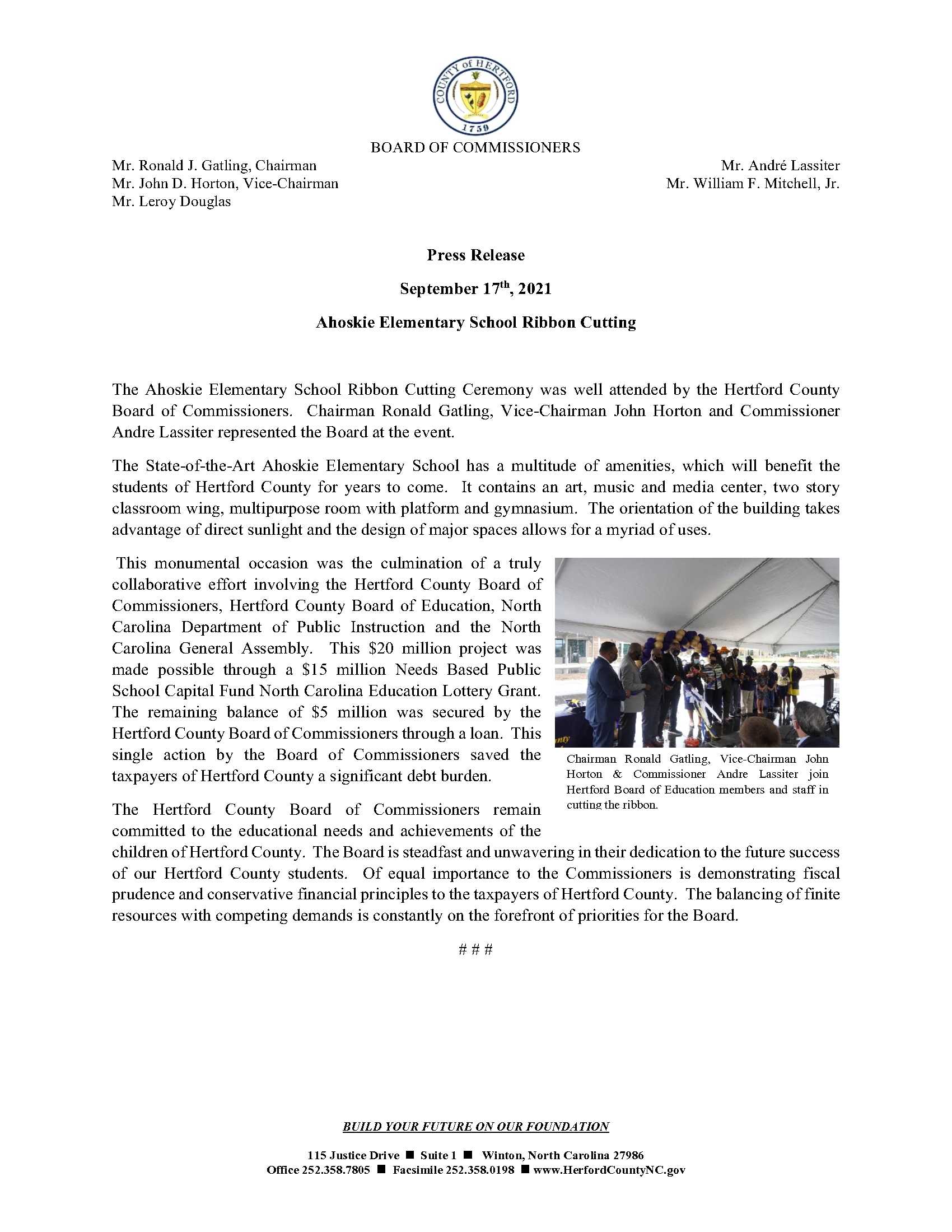 Ahoskie Elementary School Press Release 091721